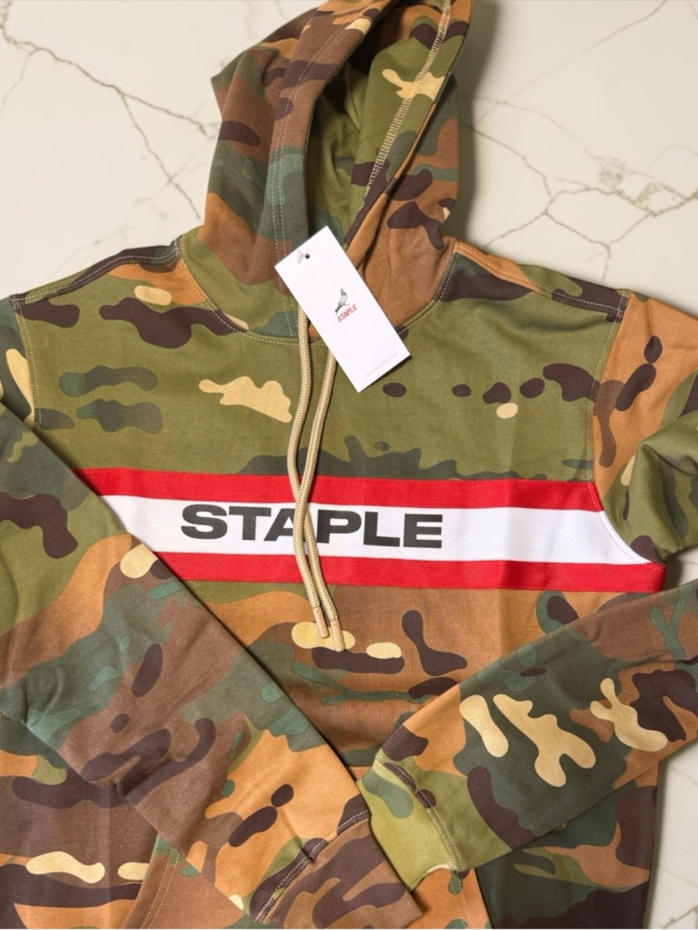 Staple Pigeon Camouflage Hoodie with Red and White Chest Stripe